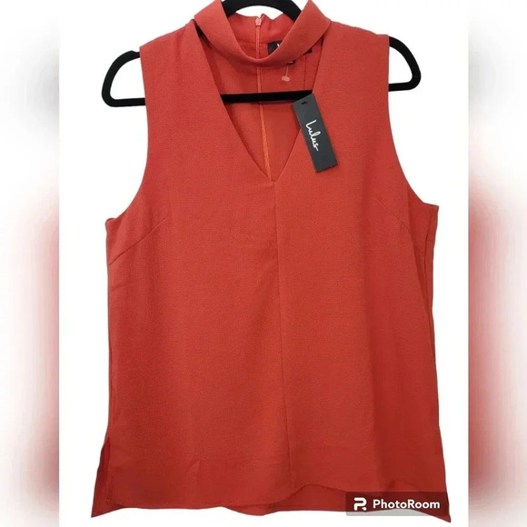 Lulus Choker Collar V-Neck Blouse Orange Sleeveless Top Sz L Lightweight Girly - Picture 3 of 10